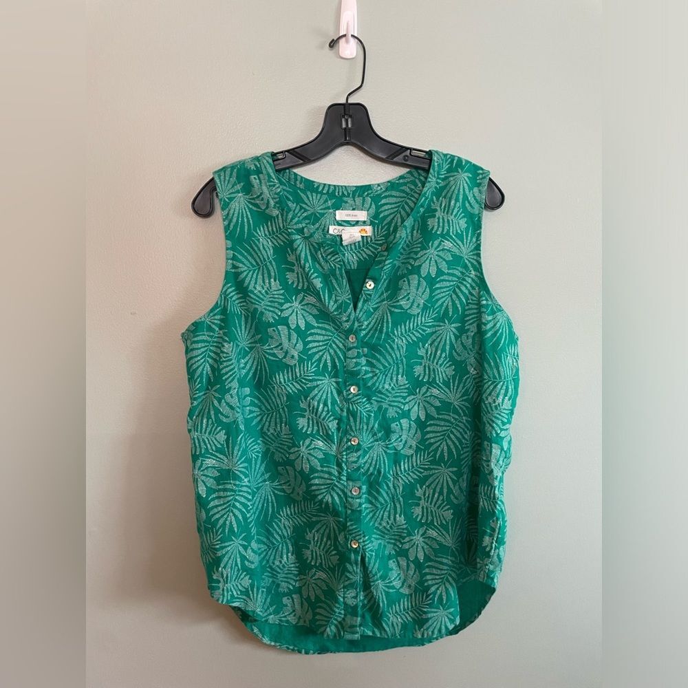 C&C California 100% Linen Tropical Leaf Button Tank Top Round Hem Blouse SZ L